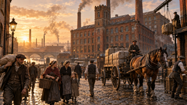 Trabajadores y fábricas durante la Revolución Industrial en una ciudad europea del siglo XIX.