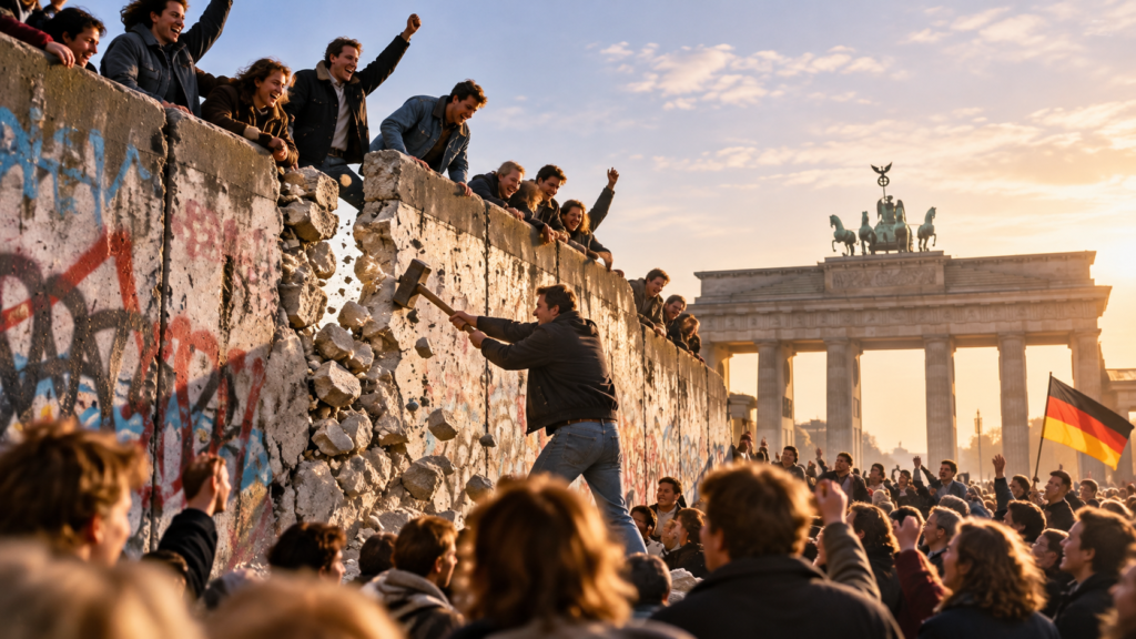Recreación histórica de la caída del Muro de Berlín en 1989, con ciudadanos alemanes celebrando el acontecimiento que abrió el camino a la reunificación alemana.